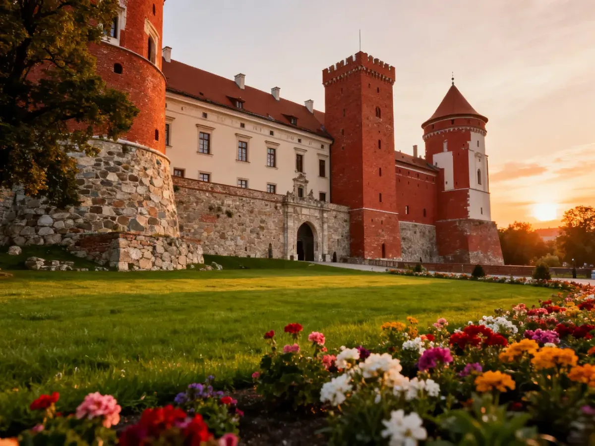 Odrestaurowany Zamek Janów Podlaski w blasku zachodzącego słońca, otoczony zadbanym ogrodem.