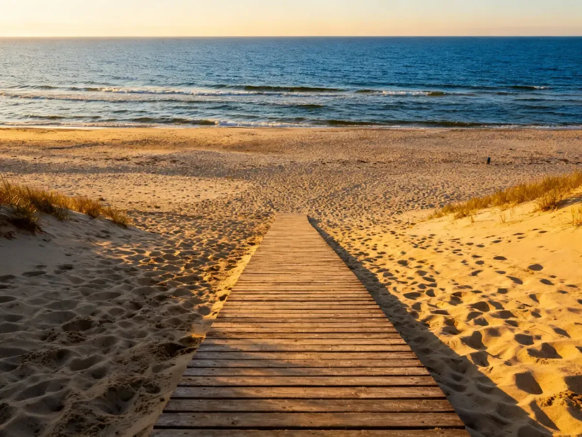 Widok z góry na piaszczystą plażę w Chłopach z drewnianym pomostem prowadzącym w stronę spokojnego Bałtyku o zachodzie słońca.