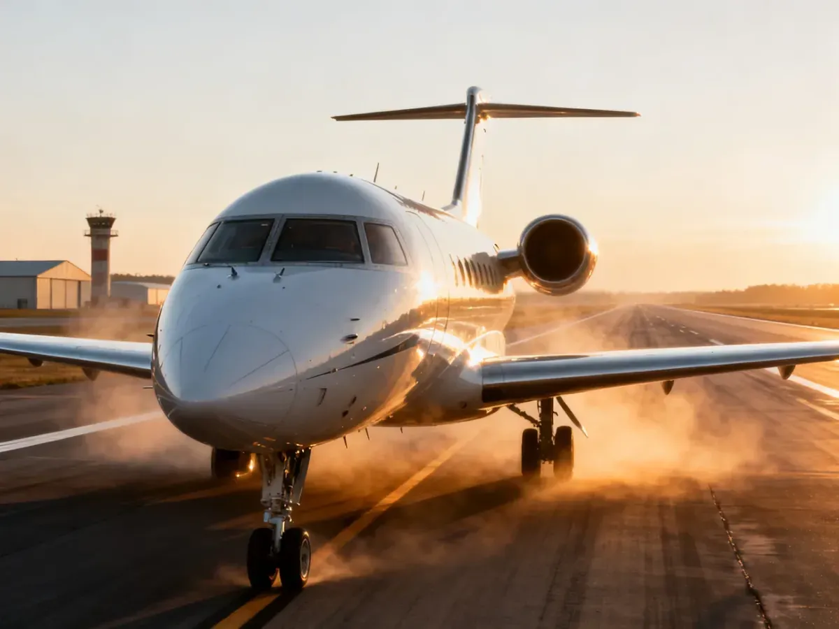 Smukły odrzutowiec na pasie startowym o świcie, podkreślający prędkość i nowoczesną aerodynamikę najszybszych samolotów świata