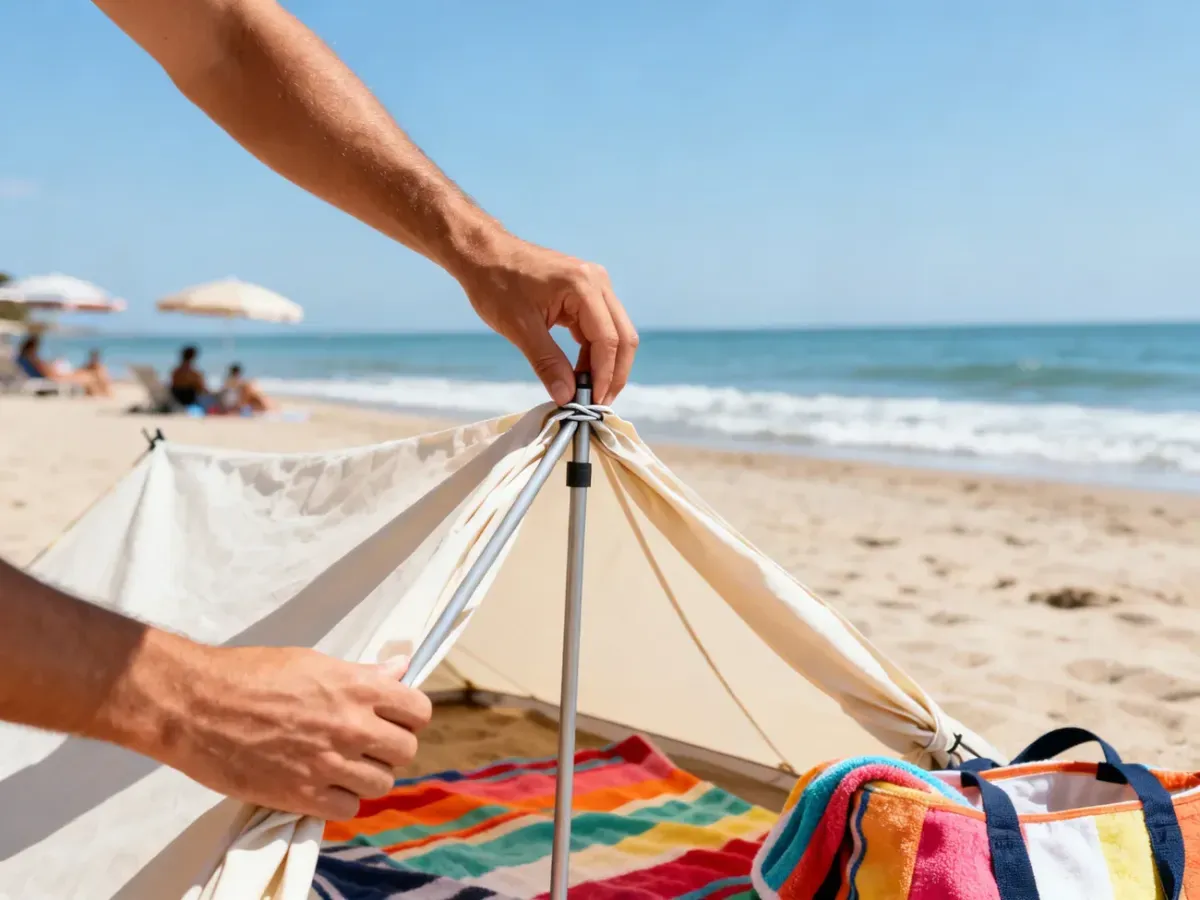 Ręce rozkładają i mocują stelaż namiotu plażowego na piasku, obok ręcznik i torba, w tle morze i plażowicze