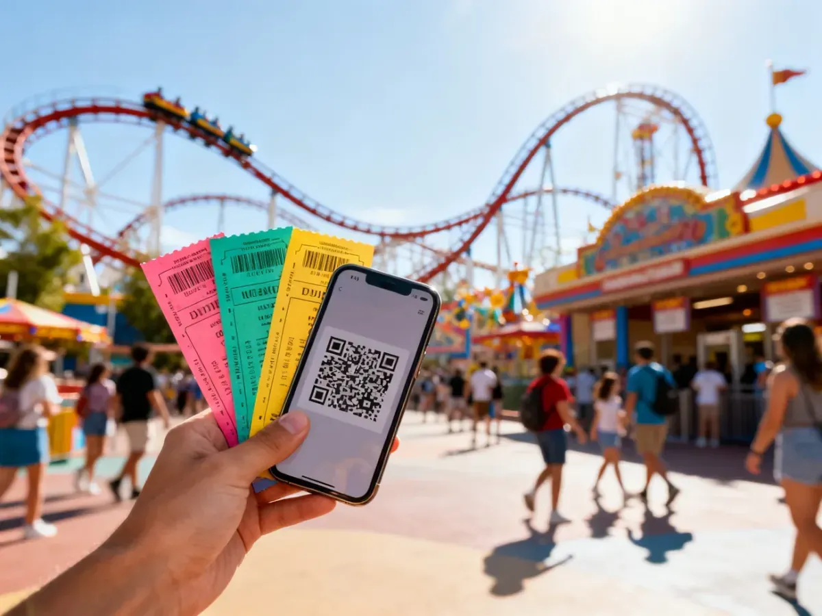 Kolorowe bilety i smartfon z kodem QR przy wejściu do wesołego miasteczka, w tle kolejki górskie i odwiedzający