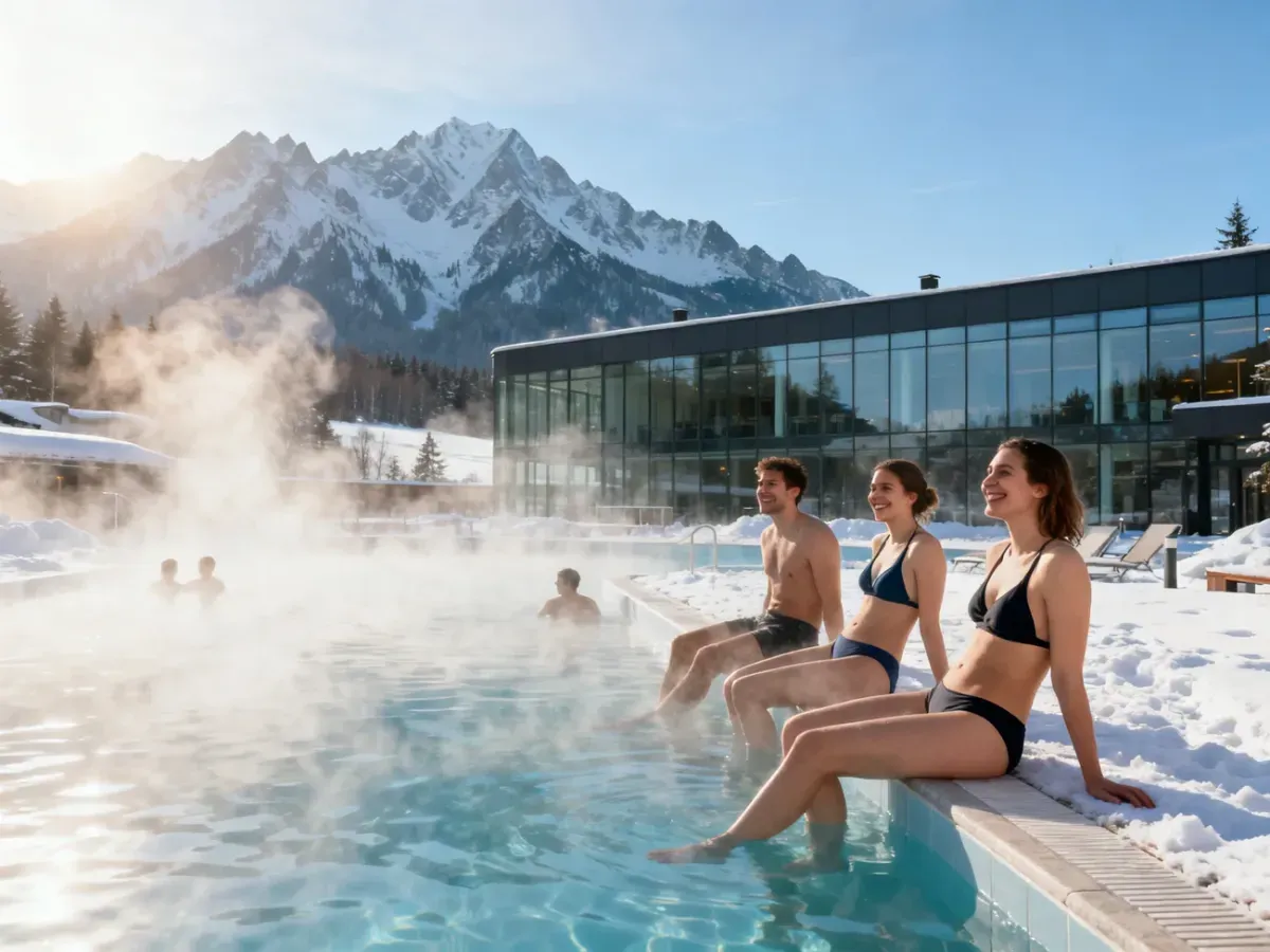 Goście relaksujący się w zewnętrznych basenach Term Chochołowskich zimą, z widokiem na ośnieżone Tatry.