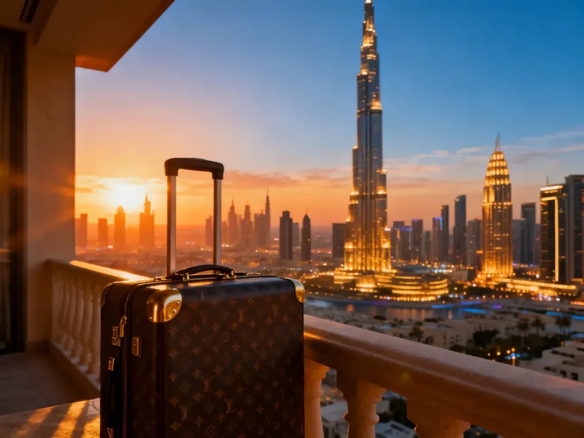 Luksusowa walizka podróżna na balkonie z widokiem na panoramę Dubaju i Burdż Chalifa podczas zachodu słońca.