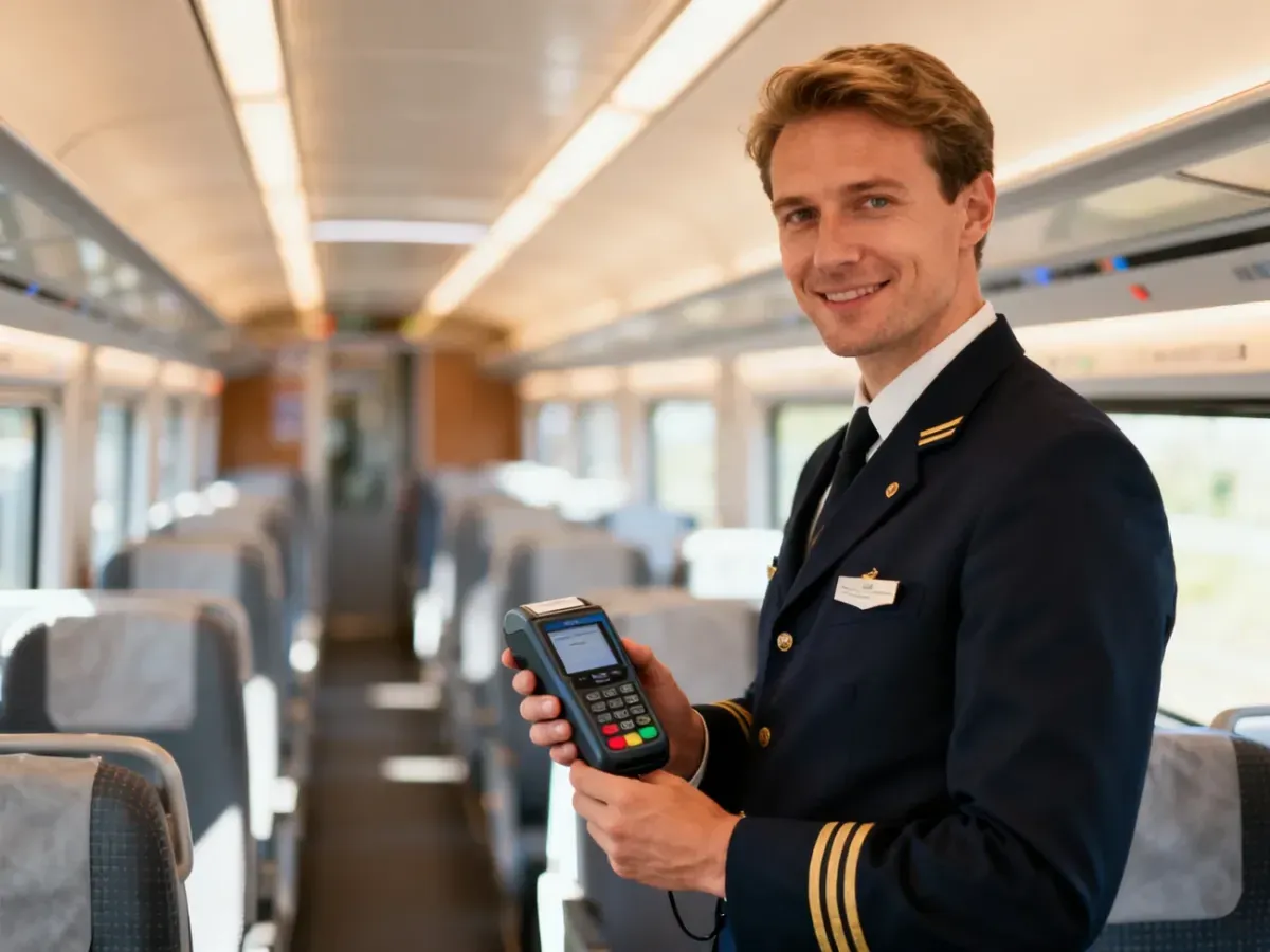Konduktor w nowoczesnym pociągu trzymający terminal do sprzedaży biletów wewnątrz wagonu.