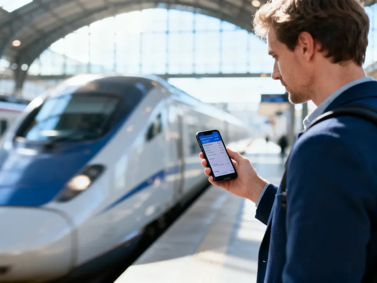 Mężczyzna na peronie sprawdza bilet w telefonie przed podróżą pociągiem.