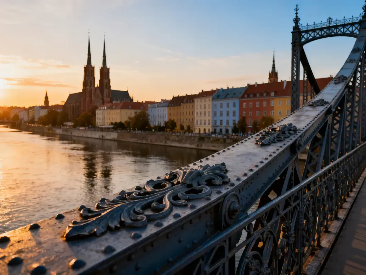 Zabytkowy stalowy most nad Odrą we Wrocławiu w świetle zachodzącego słońca, z widokiem na gotyckie wieże i kamienice.