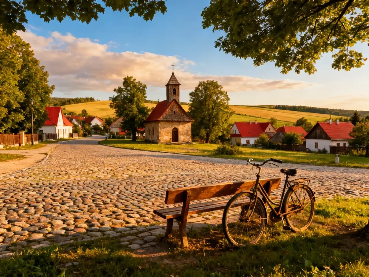 Sielankowy rynek serialowej wsi, z kościółkiem i domami z czerwonymi dachami, zachęcający do odwiedzenia miejsc z „Rancza”.
