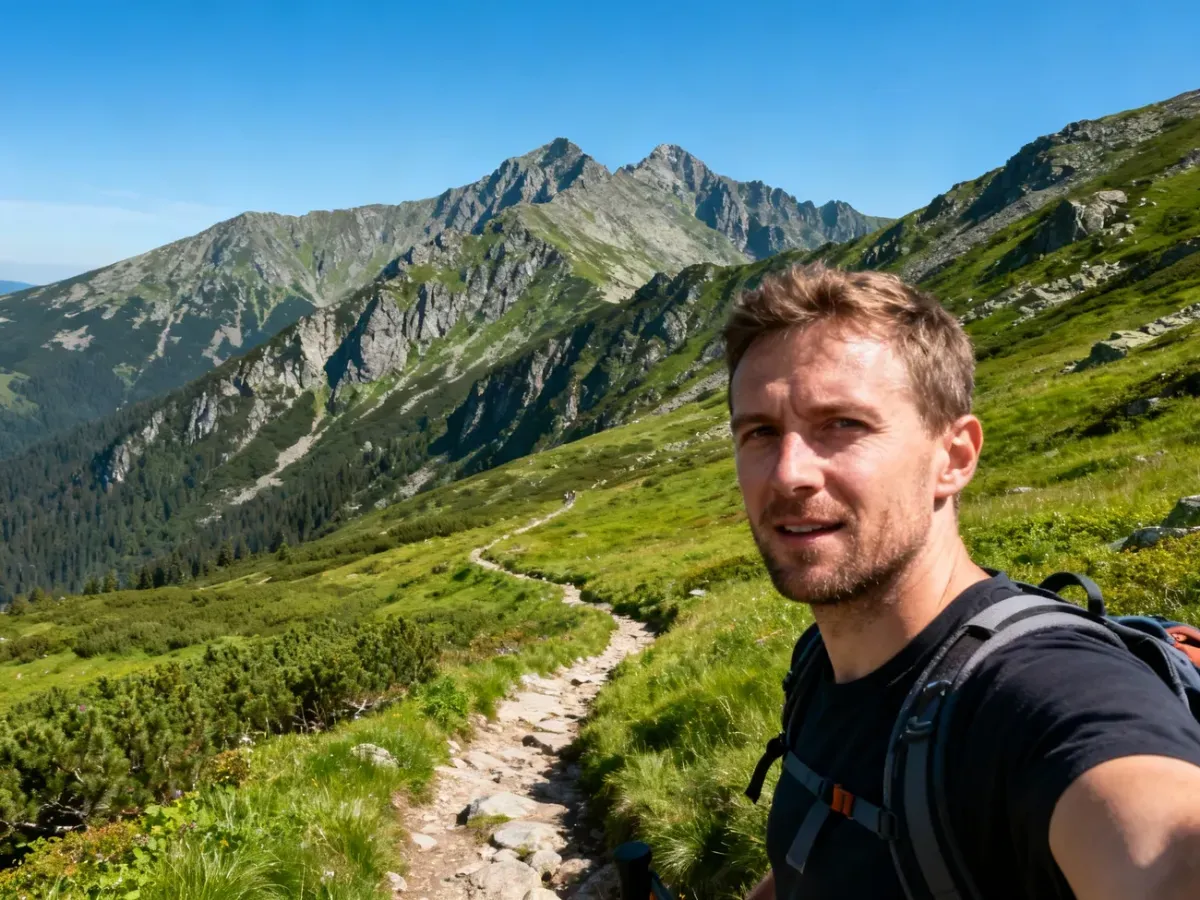 Turysta wędrujący szlakiem w Karkonoszach z widokiem na malownicze górskie szczyty i zielone hale.